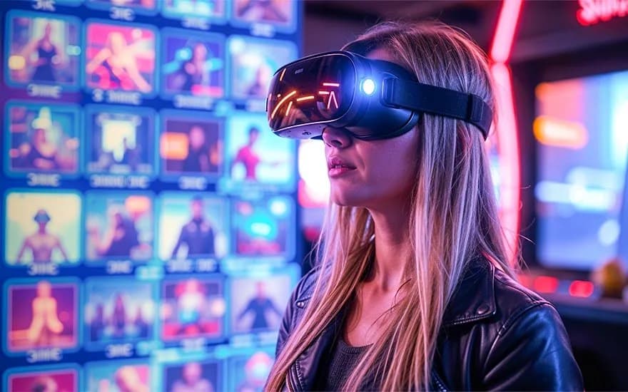 Guest in a VR headset in front of a floor-to-ceiling video wall