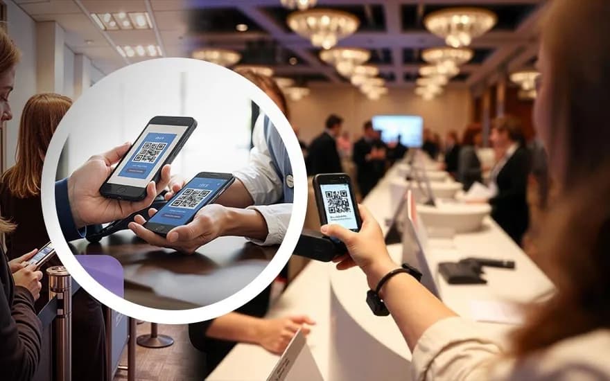 Delegates scanning QR passes at a conference registration desk