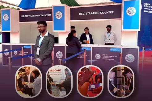 Branded registration counter at a corporate event